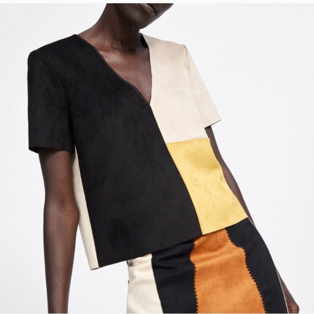 Zara faux suede colour block top